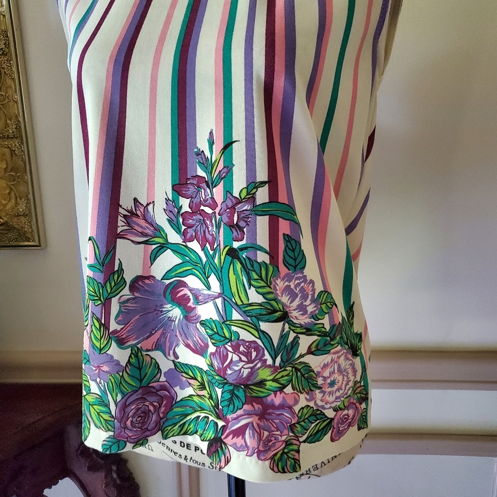 Vintage Mod Sleeveless Colorful Floral Striped Summer Top Coastal Garden Grandma